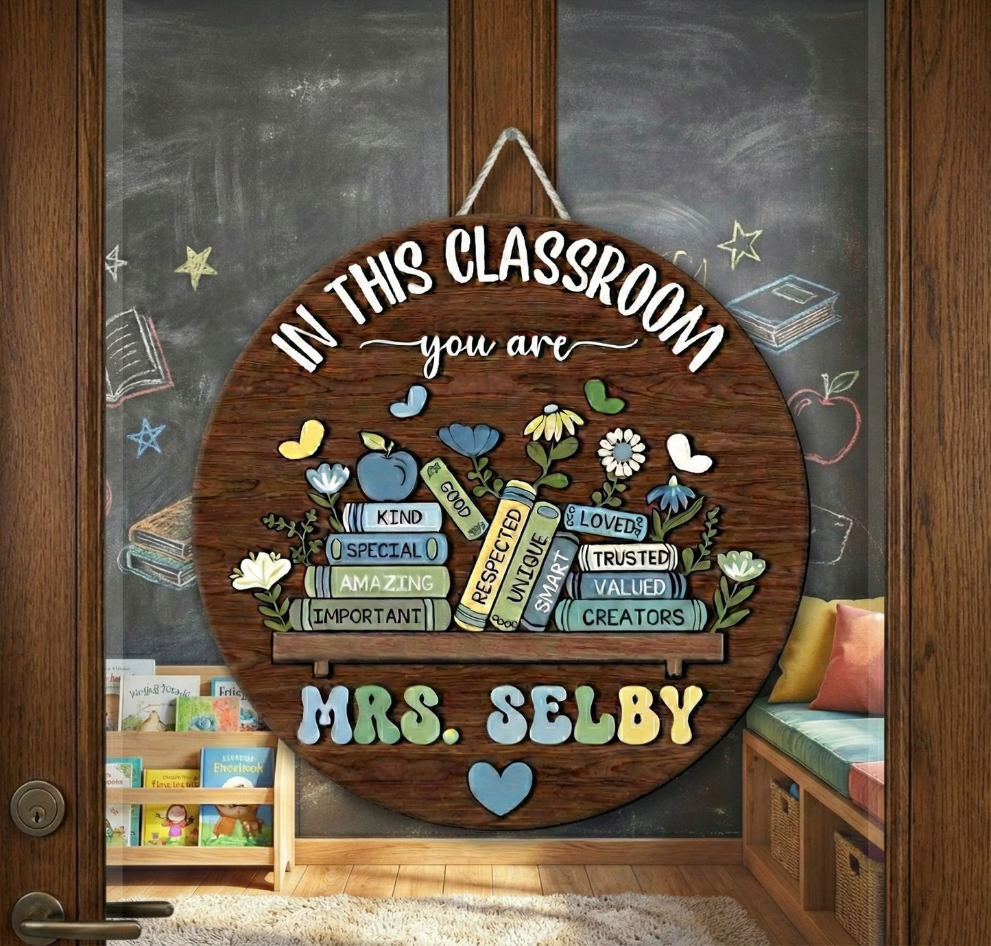 Personalized Teacher Door Sign - Custom Classroom Decor Round Wood Sign