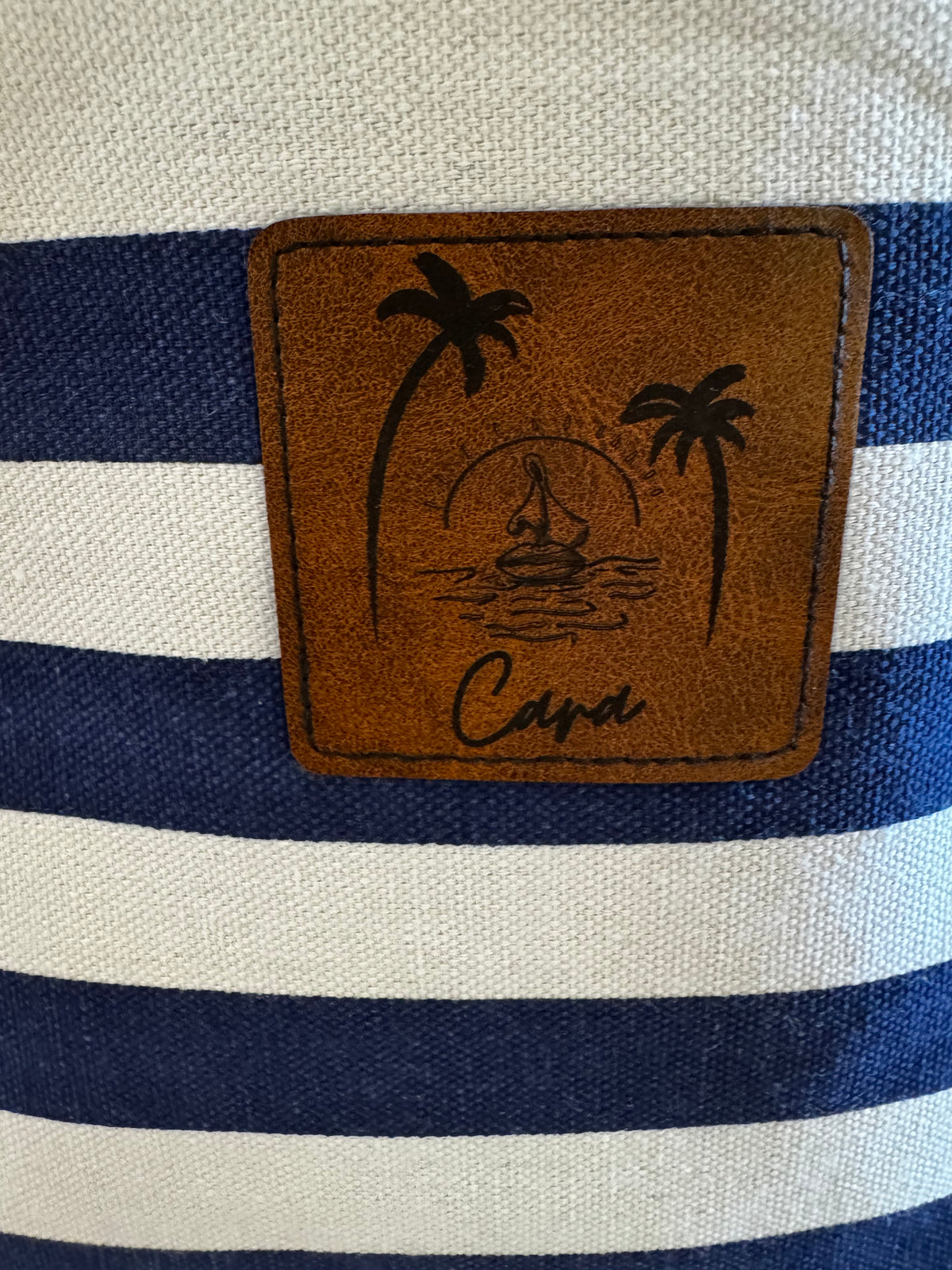 Striped Beach Bag with Logo Leatherette Patch