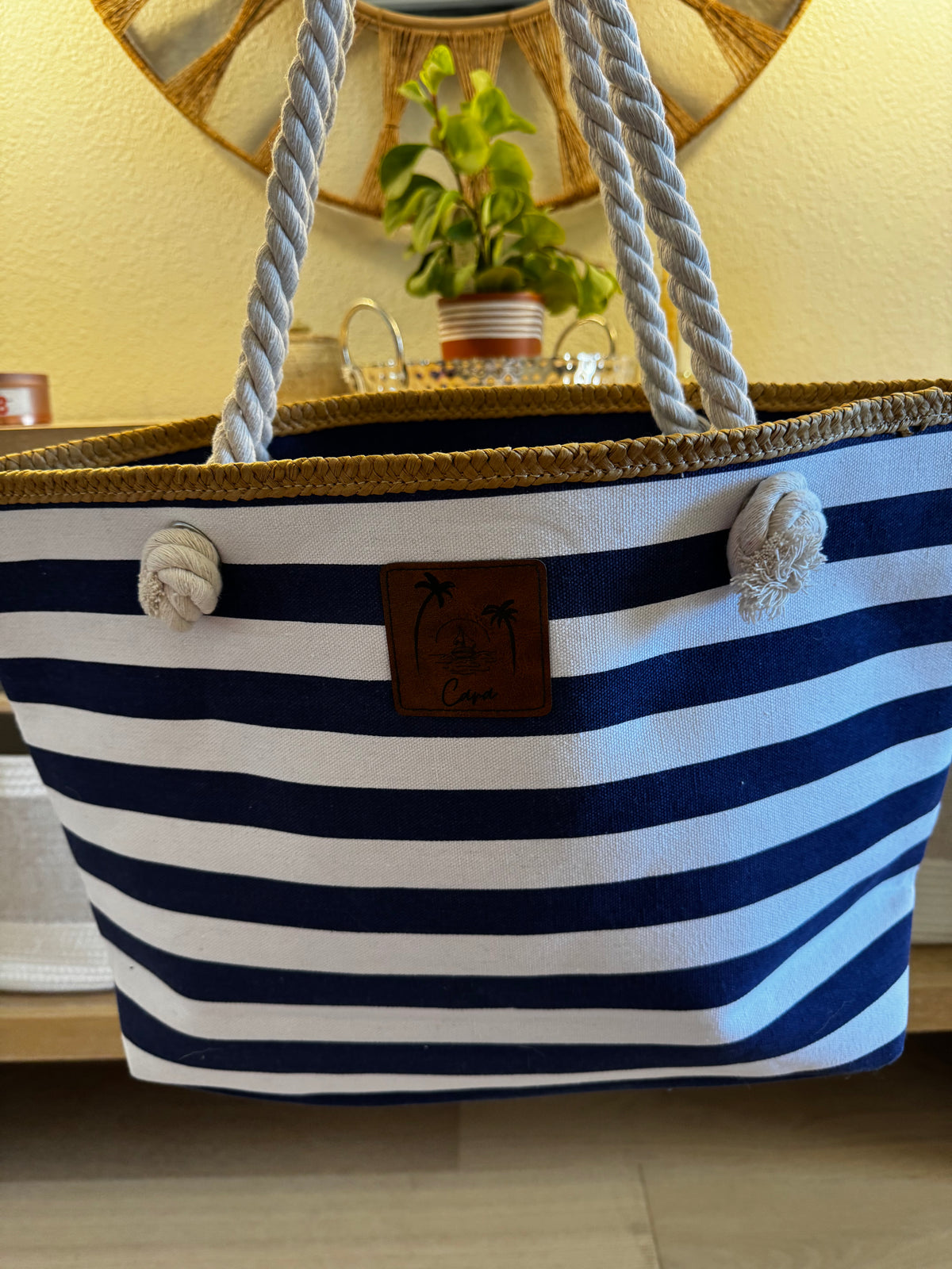 Striped Beach Bag with Logo Leatherette Patch