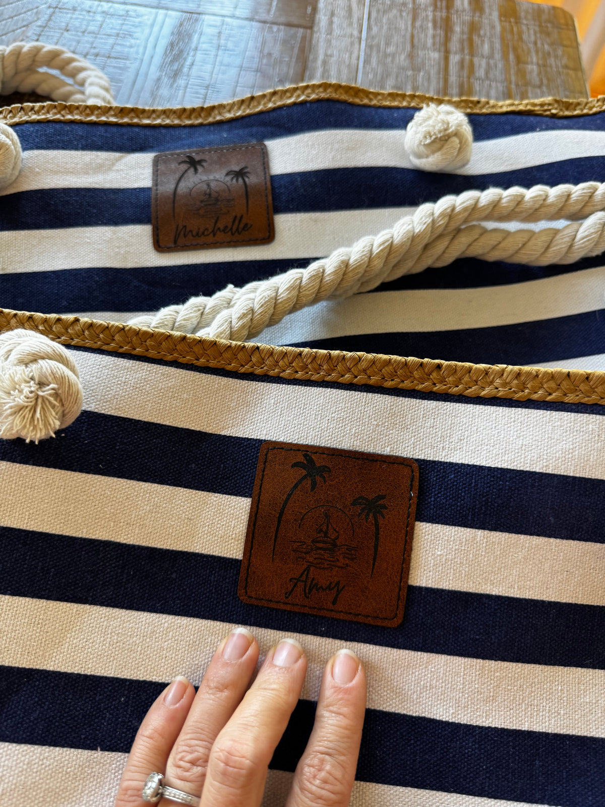 Striped Beach Bag with Logo Leatherette Patch