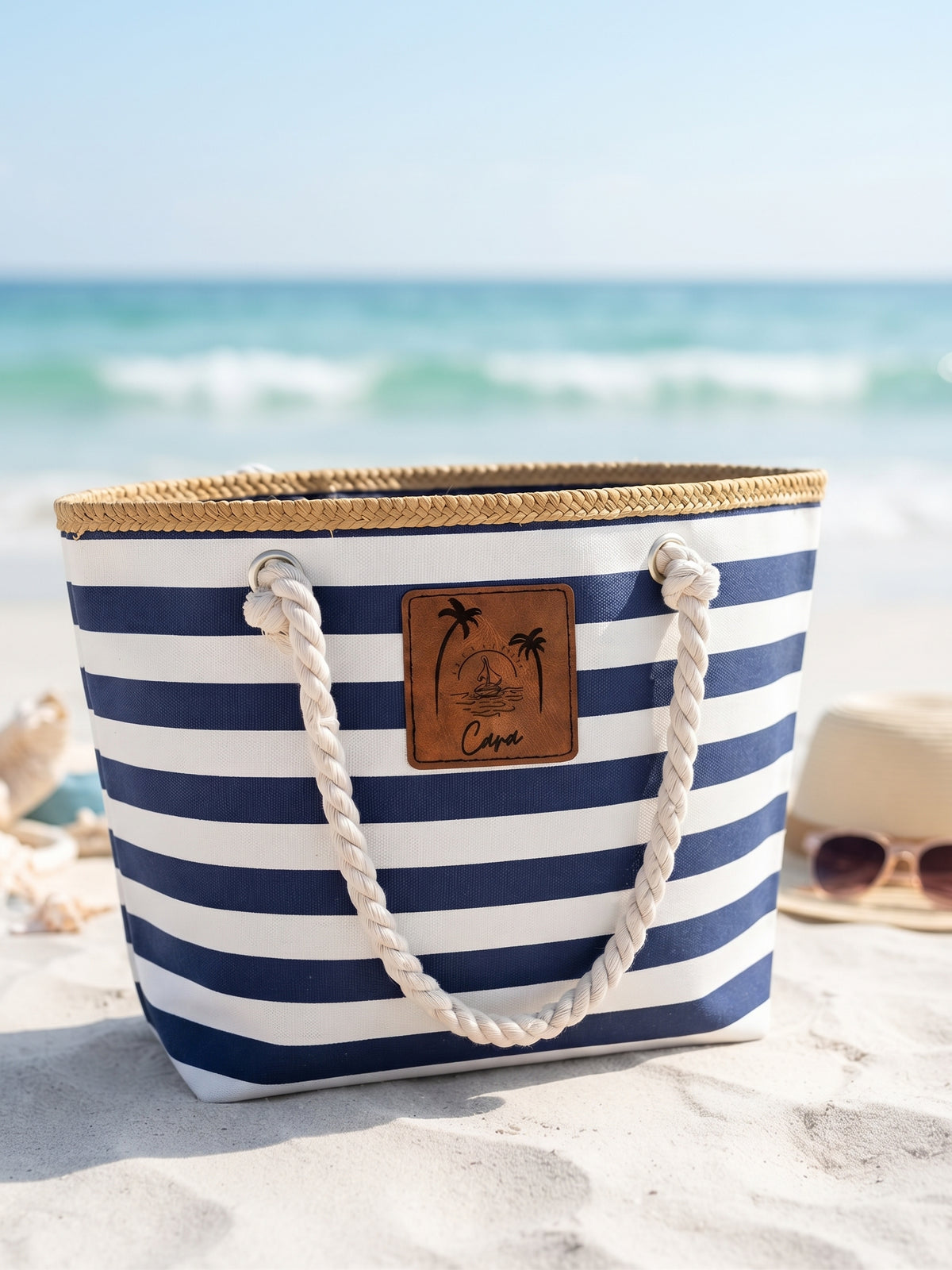 Striped Beach Bag with Logo Leatherette Patch