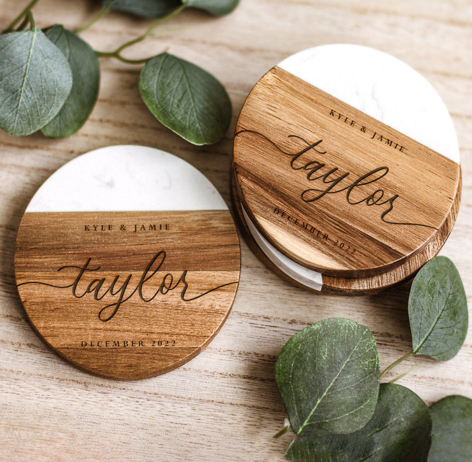 Custom Round Half Wood Half White Stone Coaster Set of 4