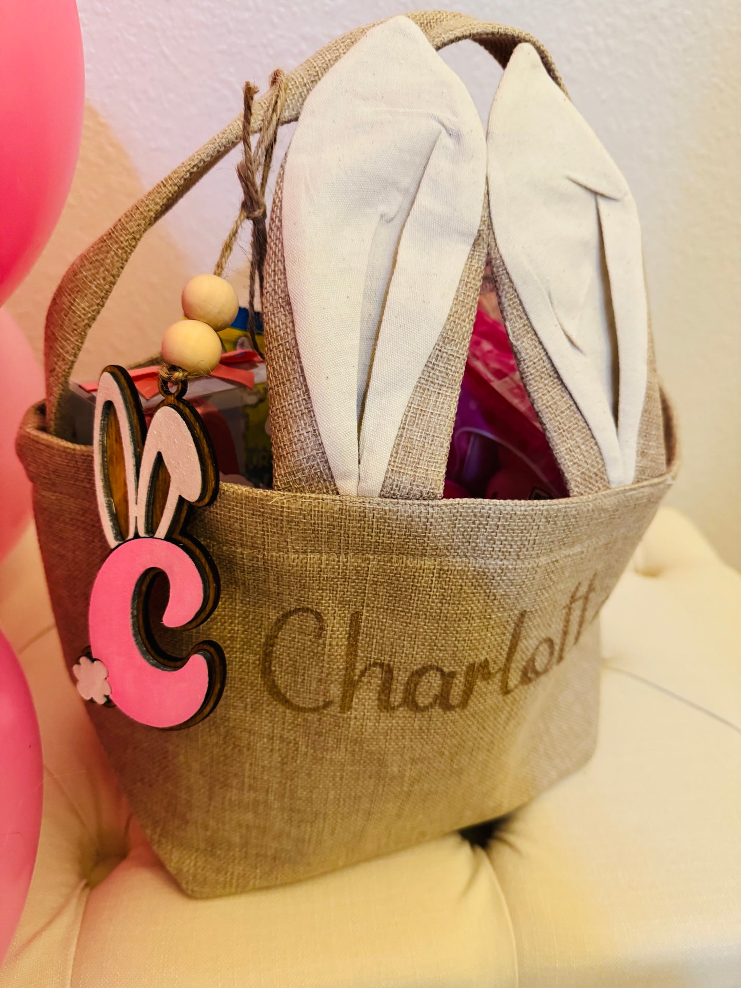 Custom Personalized Easter Basket with Bunny Ears and Letter Charm