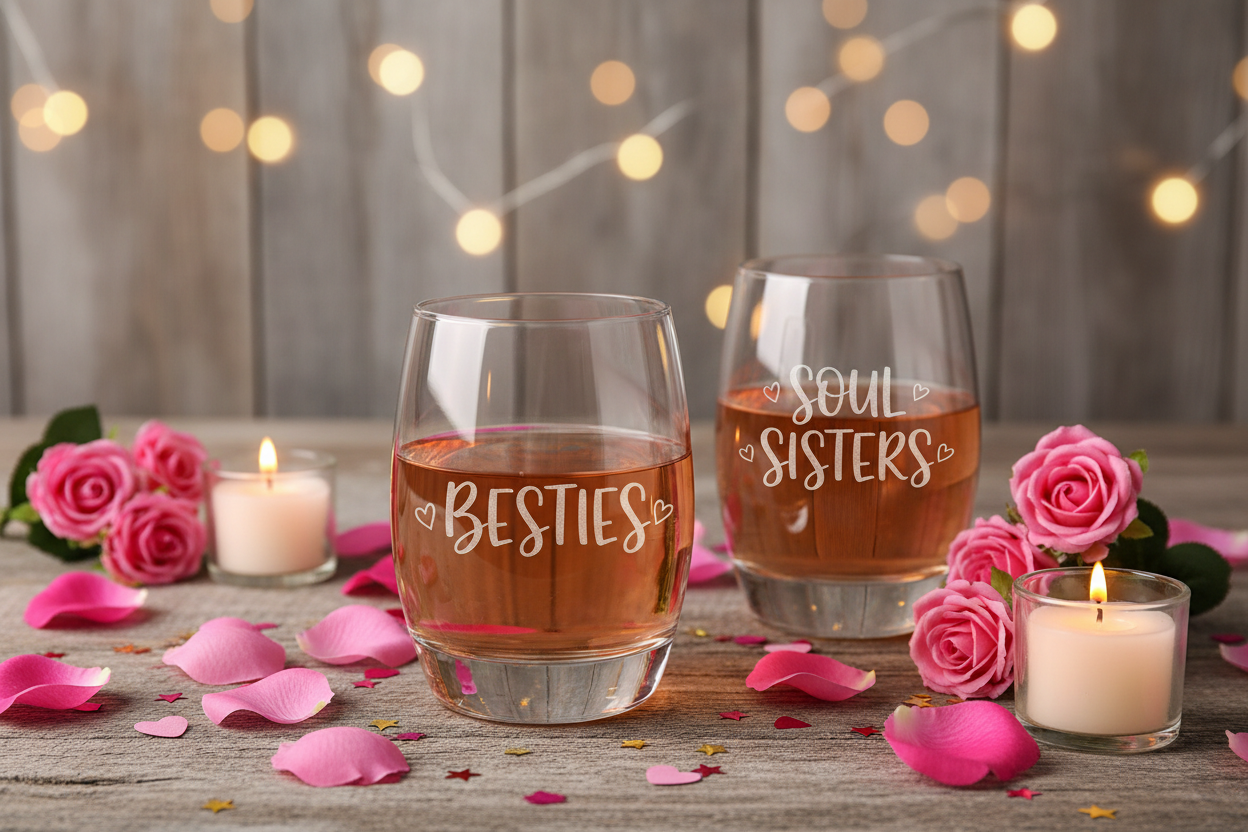 Besties Engraved Stemless Wine Glasses Galentine's Day