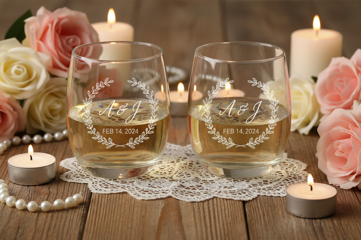 Botanical Laurel Engraved Stemless Wine Tumblers Feminine